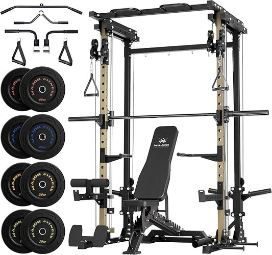 MAJOR FITNESS Drone3 Smith Machine, 2500lbs All-in-One Home Gym Power Rack with Dual Pulley System for Cable Crossover, Pull-Up Bars