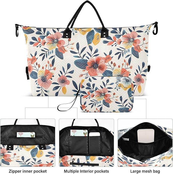 Weekender Bags Travel Duffel Gym Bag Florals Vintage Carry on Overnight Tote Bag with Toiletry Bag for Airplane Travel Trip Gym Yoga