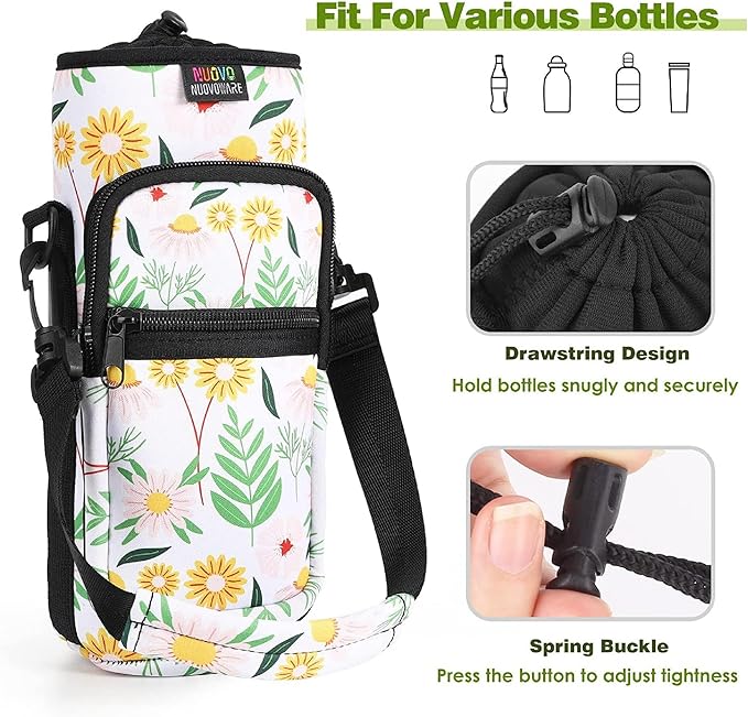 Nuovoware Water Bottle Carrier Bag,25oz/40oz/64oz Bottle Pouch Holder,Adjustable Shoulder Hand Strap 2 Pocket Sling Neoprene Sleeve Sports Accessories for Hiking Travelling Camping