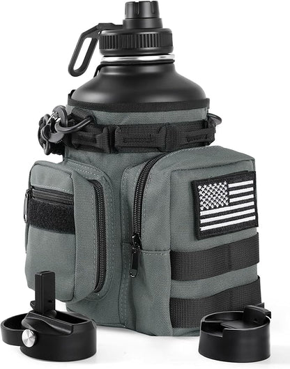 Tactical Half Gallon Water Bottle with Straw, 64 Oz Insulated Water Jug with Molle Water Bottle Holder, Stainless Steel Sport Bottle with 3 BPA Free Lids for Gym Workout Hiking (Gray)