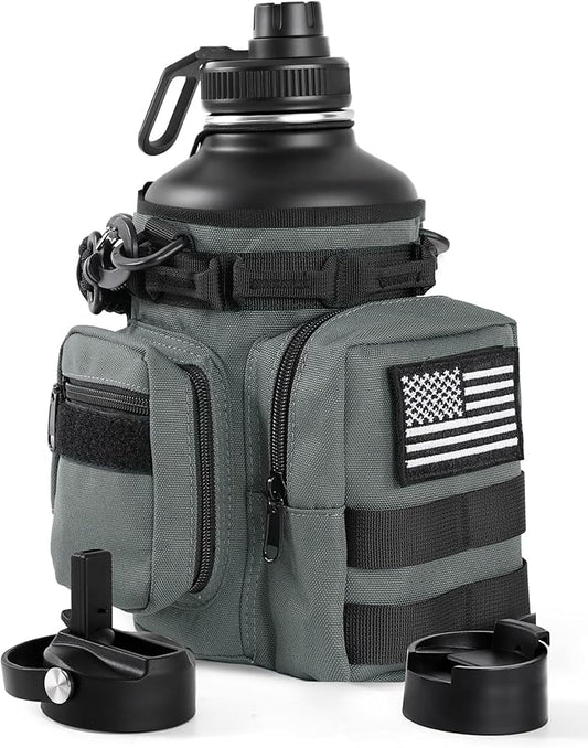 Tactical Half Gallon Water Bottle with Straw, 64 Oz Insulated Water Jug with Molle Water Bottle Holder, Stainless Steel Sport Bottle with 3 BPA Free Lids for Gym Workout Hiking (Gray)