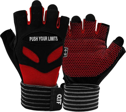 QTF Weight Lifting Gym Workout Gloves with Long Wrist Strap, Fingerless Gym Gloves for Men & Women, Full Palm Protection, for Weightlifting, Training, Fitness, Hanging