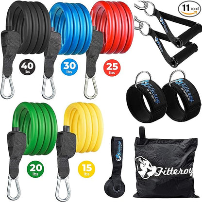 Home Gym Workout Bands - Resistance Band Weight Set Includes 5 Stackable Tension Bands, Premium Exercise Handles, Ankle Straps, Door Anchor and Carry Bag for Exercise & Physical Therapy