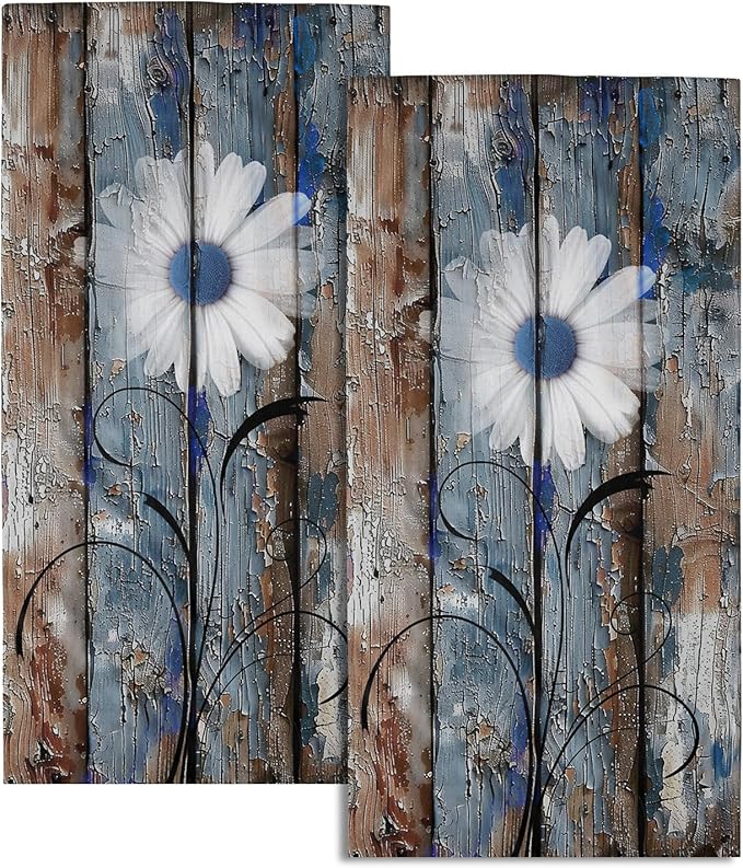 Rustic Daisy Bathroom Hand Towels Set of 2 Blue Brown Floral Farmhouse Fingertip Towels for Bathroom Spring Botanical on Wooden Decorative Absorbent Soft Kitchen Towels for Home Spa Gym Hotel