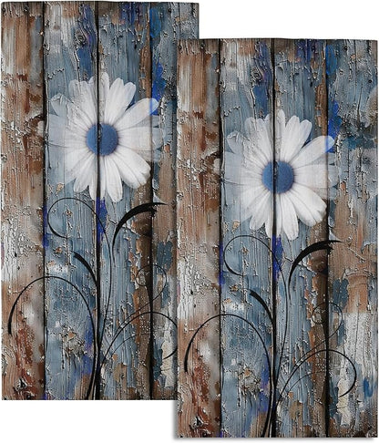 Rustic Daisy Bathroom Hand Towels Set of 2 Blue Brown Floral Farmhouse Fingertip Towels for Bathroom Spring Botanical on Wooden Decorative Absorbent Soft Kitchen Towels for Home Spa Gym Hotel