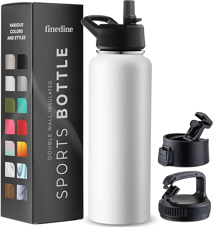 FineDine Triple Walled, Insulated Water Bottles with Straw - 40 Oz Stainless Steel Metal Bottle W/ 3 Leak Proof Lids - For Travel, School, Sports, Gym/Men, Women & Kids - Pure Pearly White