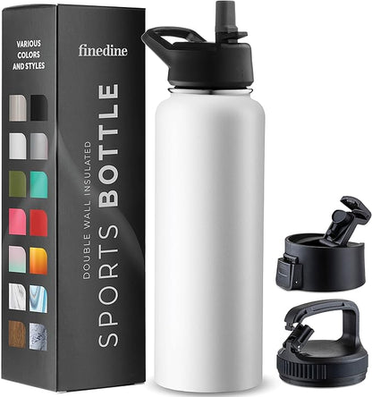 FineDine Triple Walled, Insulated Water Bottles with Straw - 40 Oz Stainless Steel Metal Bottle W/ 3 Leak Proof Lids - For Travel, School, Sports, Gym/Men, Women & Kids - Pure Pearly White