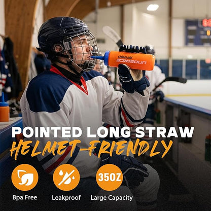 UICE Water Bottle with Straw,1 Liter Easy Squeeze Bottles for Hockey Straight Long Straw Built In Finger Grip,Sports Water Bottle for Football, Lacrosse, Boxing,Fitness-Black