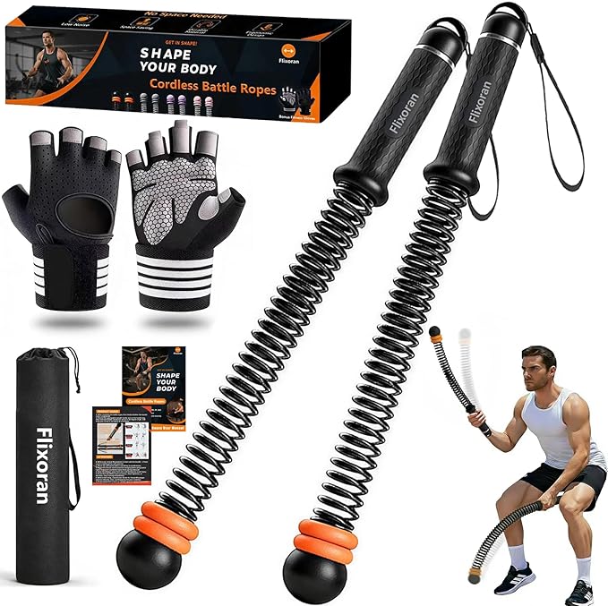 Cordless Battle Ropes Adjustable Trainer, Ropeless Weighted Portable Exercise Equipment for Home Gym Workouts, Compact Arm Strength for Men Women, Heavy Flex Rope Stick Fitness Gift