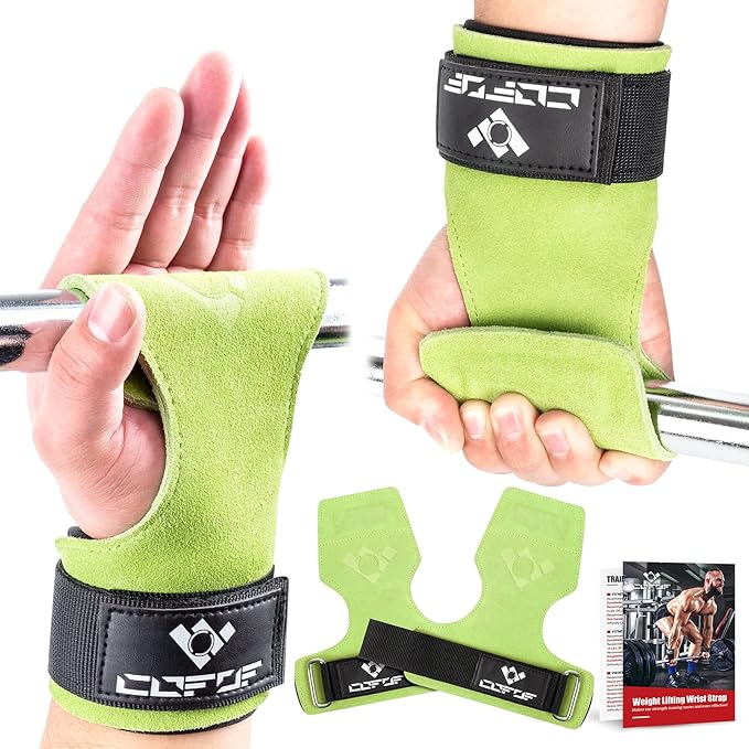 COFOF Weight Lifting Wrist Strap, Double Layer Leather Wrist Strap for Deadlift and Powerlifting, Adjustable Neoprene Padded Gym Workout Lifting Hooks (Pair)
