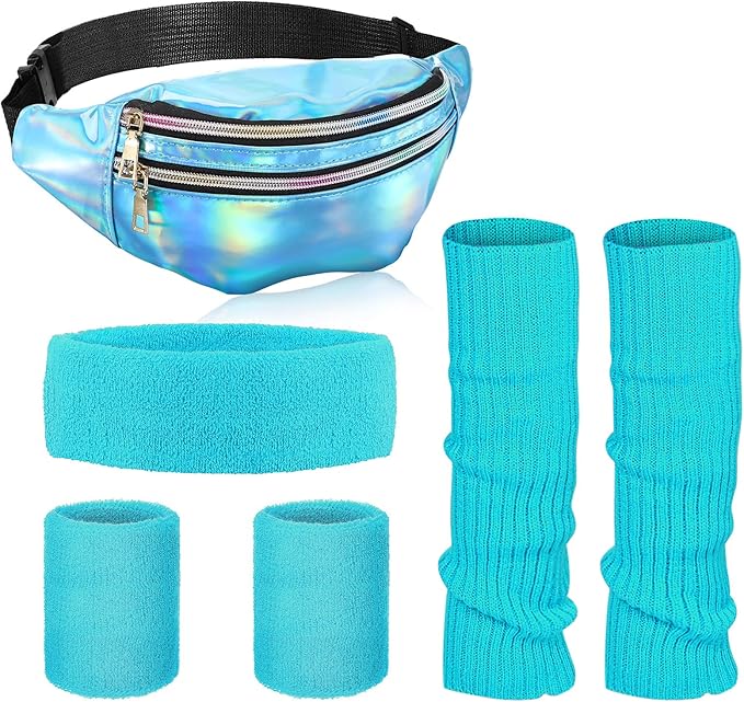SATINIOR 80s Women Workout Outfit Neon Leg Warmer Headband Wristbands Fanny Pack Set 80s Accessories for Yoga Running