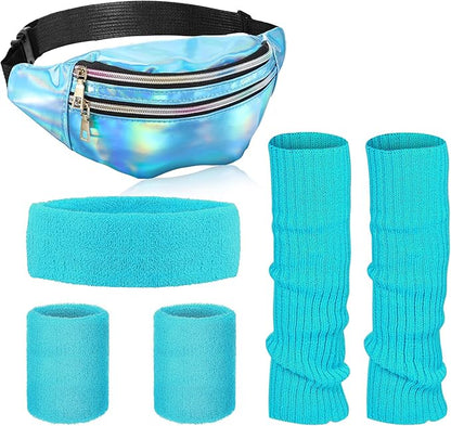 SATINIOR 80s Women Workout Outfit Neon Leg Warmer Headband Wristbands Fanny Pack Set 80s Accessories for Yoga Running