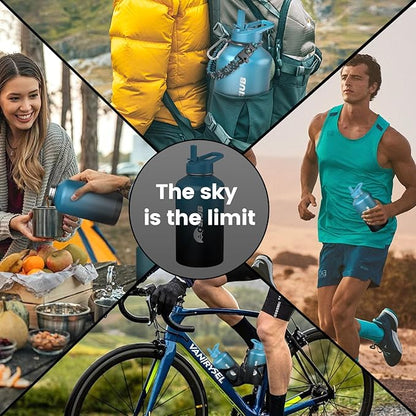 Insulated Water Bottle 128 oz, Triple Wall Vacuum Stainless Steel(Cold for 48 Hrs),Leak Proof & BPA-Free,One Gallon Water Bottle with Reflective Paracord & Flip Straw for Sports & Travel, Indigo-Black