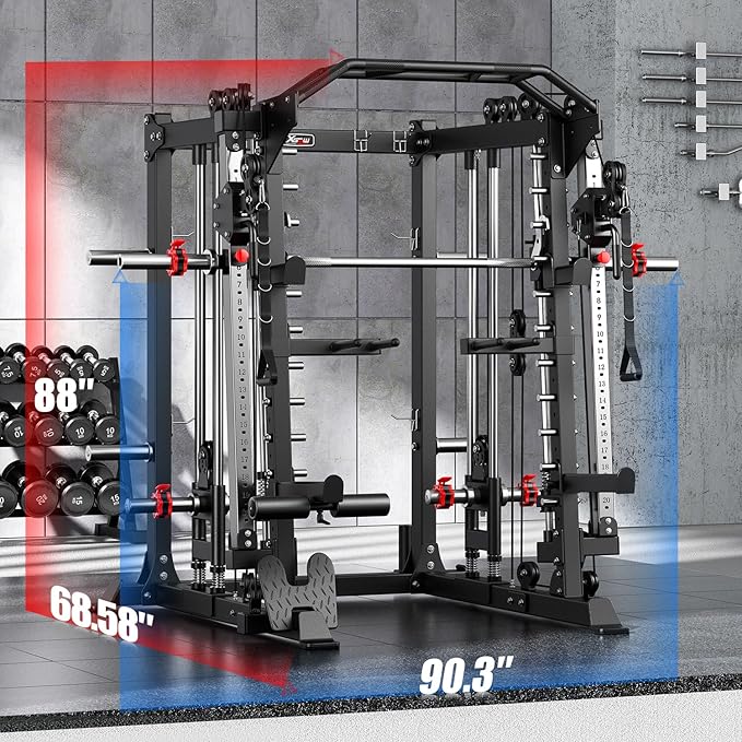 Smith Machine with Cable Crossover System, Multi-Function Squat Rack Power Cage for Home Gym, Power Rack and Packages Weight Sets