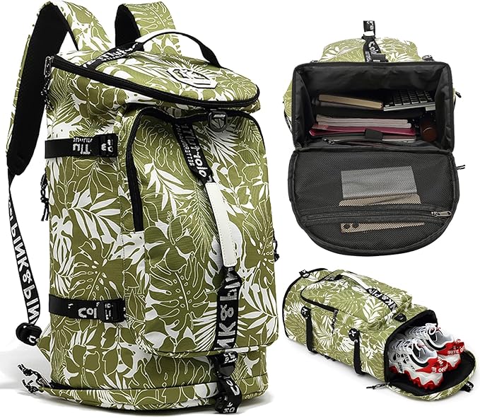 Floral gym duffel bag backpack, fashion wrestling bag,with shoe compartment, 4 kinds of back method waterproof travel sports walking laptop Lightweight (A-Floral Green)