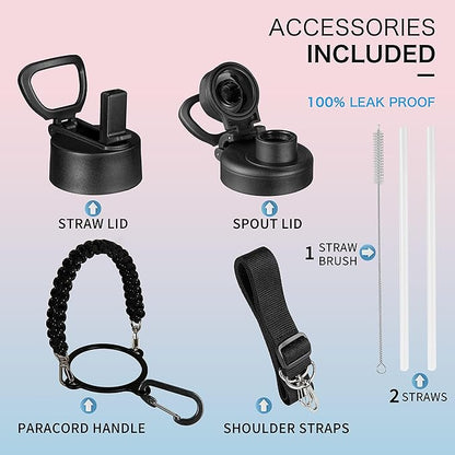 KXIAOCHEN Insulated Water Bottle, Stainless Steel Water Bottle, 2 Lids (Straw and Handle Lid),Wide Mouth Metal Water Bottles Keep Hot and Cold, Double Walled, Thermo Mug, Metal Canteen