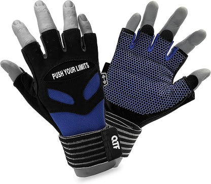 QTF Weight Lifting Gym Workout Gloves with Long Wrist Strap, Fingerless Gym Gloves for Men & Women, Full Palm Protection, for Weightlifting, Training, Fitness, Hanging
