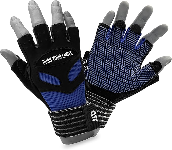 QTF Weight Lifting Gym Workout Gloves with Long Wrist Strap, Fingerless Gym Gloves for Men & Women, Full Palm Protection, for Weightlifting, Training, Fitness, Hanging