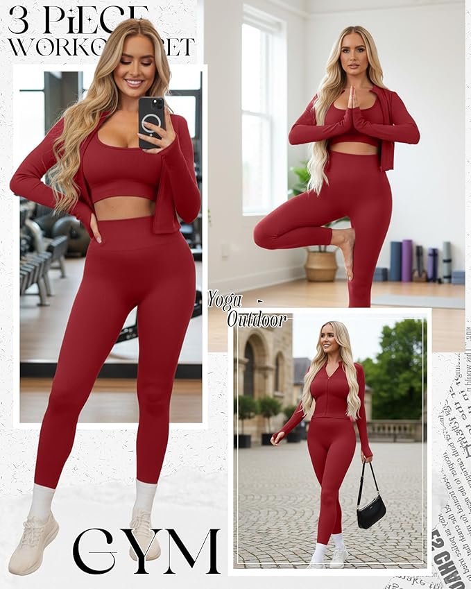 Women 3 Piece Seamless Workout Set Sports Bra High Waisted Gym Yoga Leggings Zip Up Jacket with Thumbhole Activewear