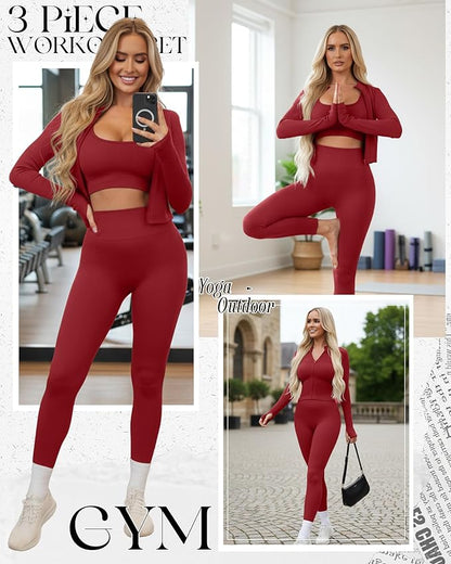 Women 3 Piece Seamless Workout Set Sports Bra High Waisted Gym Yoga Leggings Zip Up Jacket with Thumbhole Activewear