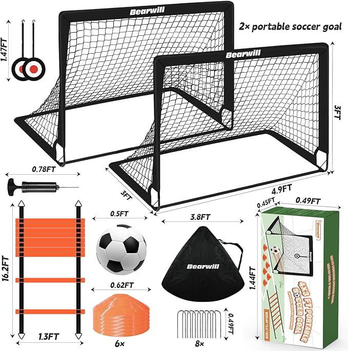 Bearwill Soccer Goal, Kids Soccer Goals for Backyard Set of 2, 4x3ft Portable Soccer Goal Pop Up Soccer Net, Kids Soccer Net Training Equipment with Soccer Ball, Ladder, Cones, Targets