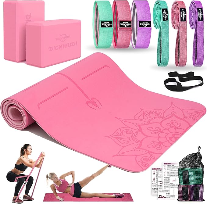 Yoga Mat Thick, 6 Fabric Resistance Bands, 2 Pack Yoga Blocks, Home Workout Equipment Essentials Starter Kit for Beginners Full Body Toning