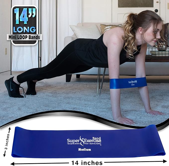 USA 14" x 3" Extra Long Latex Free Mini Loop Bands in 3, 5, 10 Pack Sets. 10 Strengths for Resistance Training, Stretching, Yoga, Toning. Plus an Exclusive iPhone App and E-Book.