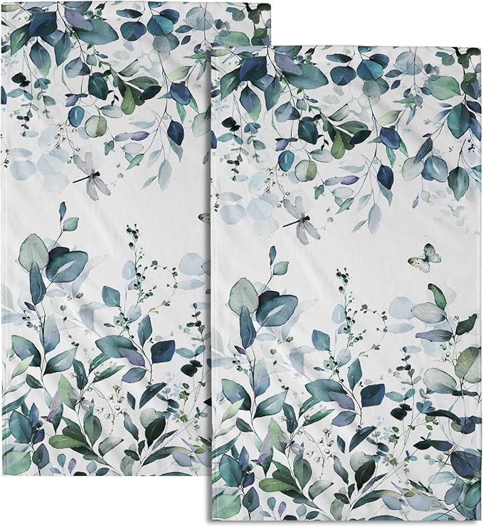 Dark Turquoise Eucalyptus Leaves Hand Towels Spring Turquoise Blue Botanical Fingertip Towel Set of 2 Watercolor Plant Butterfly Dragonfly Kitchen Dish Towels Decorative Bathroom Towels for Bath Spa