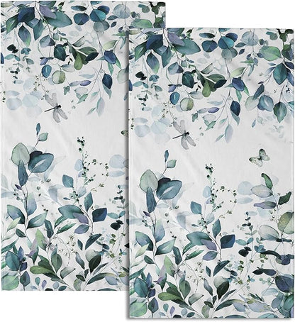 Dark Turquoise Eucalyptus Leaves Hand Towels Spring Turquoise Blue Botanical Fingertip Towel Set of 2 Watercolor Plant Butterfly Dragonfly Kitchen Dish Towels Decorative Bathroom Towels for Bath Spa