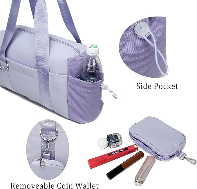 Everyday Mini Gym Bag for Women 2.0 Small Tote with Zipper Compartment Waterproof Travel Duffle Cute Handbag Workout Carry On with Removeable Shoulder Strap & Coin Wallet Easy to Clean-Lavender