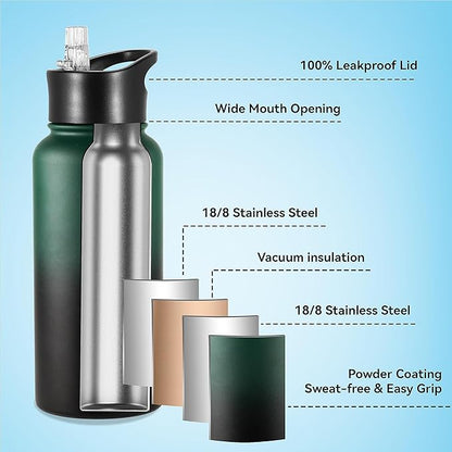 VEGOND 32 oz Insulated Water Bottle Bulk Stainless Steel Metal Water Bottles with Leak Proof Straw Lid & Spout Lid, Wide Mouth Double Walled Vacuum Travel Sports Bottle, 4 Pack