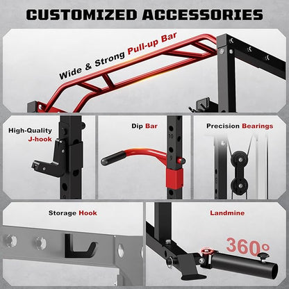 S11 Power Cage, 2000LB Multi-Function Power Rack with LAT Pulldown, Squat Rack with Adjustable Pulley System and Training Attachments, Weight Rack for Home Gym