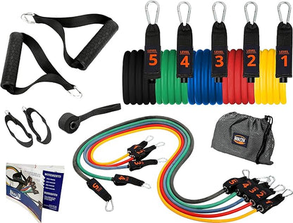 Brazyn Resistance Bands Kit with Handles 12-Piece Band Set with Travel Pouch, Guide, Ankle Straps & Door Anchor - for Workouts Gym Strength Training Bungee Yoga Pilates Physical Therapy - 150lbs