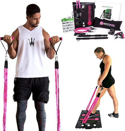 BodyBoss 2.0 - Full Portable Home Gym Workout Package + Resistance Bands - Collapsible Resistance Bar, PKG4-PINK (Pink - Full Gym + Extra Bands)