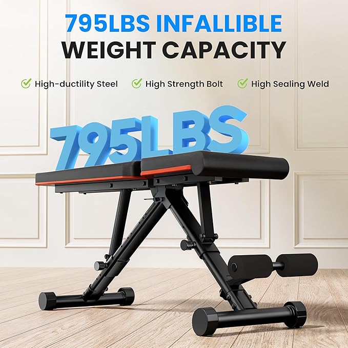 InfiniPower Foldable Adjustable Weight Bench Press 795LB for Home Gym, Full Body Workout Sit Up Exercise, Ab Exercises Strength Training, Lifting Incline Decline Flat Utility Benches, 2-Sec Folding