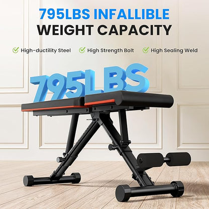 InfiniPower Foldable Adjustable Weight Bench Press 795LB for Home Gym, Full Body Workout Sit Up Exercise, Ab Exercises Strength Training, Lifting Incline Decline Flat Utility Benches, 2-Sec Folding