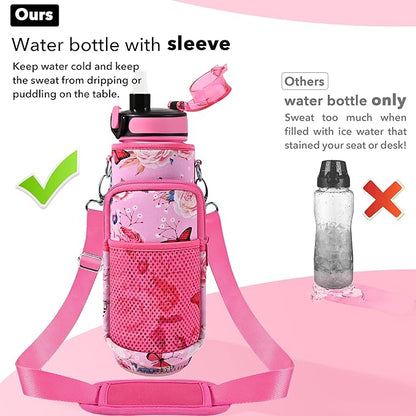 32 oz Water Bottles with Straw & Strap, Motivational Water Bottles with Times to Drink, BPA Free Reusable Sports Water Bottle with Sleeve Carrier for Hiking, Travel, Running or Fitness