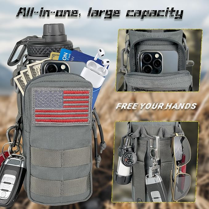 32 oz Insulated Water Bottle with Sleeve - Tactical Stainless Steel Wide Mouth Gym Water Bottles for Men Sports Workout Hiking with Pouch Gray