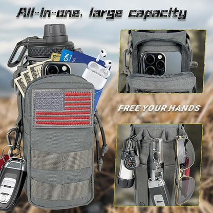 32 oz Insulated Water Bottle with Sleeve - Tactical Stainless Steel Wide Mouth Gym Water Bottles for Men Sports Workout Hiking with Pouch Gray
