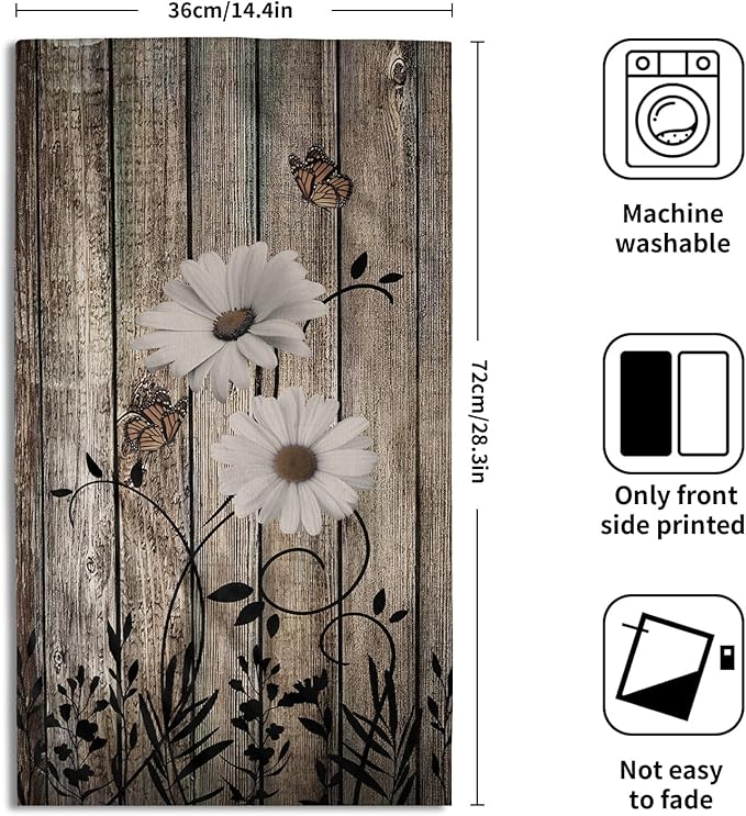 Retro Barn White Daisy Hand Towels Rustic Flower Butterfly Dark Brown Wooden Farmhouse Absorbent Kitchen Towels Spring Vintage Sunflower Floral Quick Dry Microfiber Dish Towels For Kitchen Face Towel