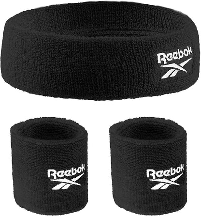 3pc Unisex Athletic Sweatband Set - 2.25in Workout Headband & 3.25in Wristbands w/Stay Dry Technology, Terry Cloth Band Moisture-Wicking Fabric | Quality Fitness Accessories for Active Comfort-Reebok