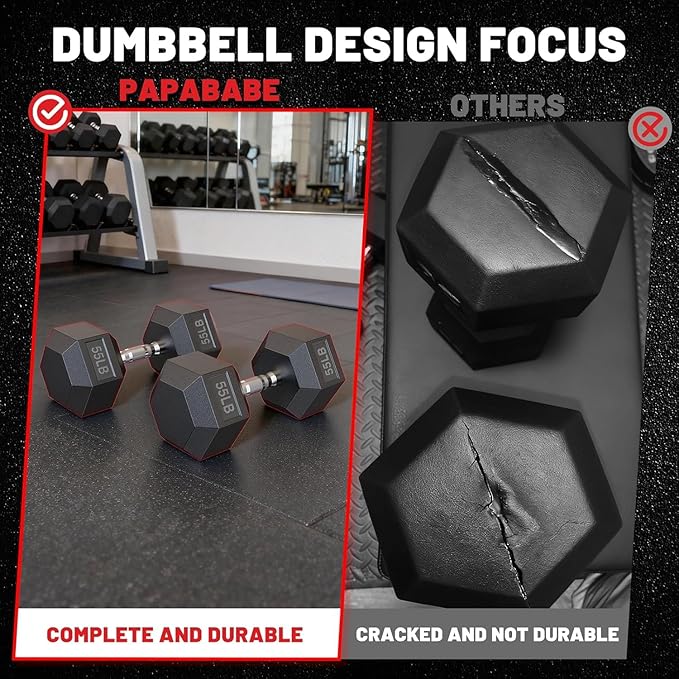 PAPABABE Hex Dumbbell Set with Rack, Rubber Encased Free Weight with Weight Storage Racks, Multiple Weight Options for Home Gym and Fitness