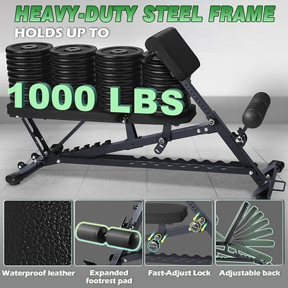 Adjustable Weight Bench with Roman Chair, Utility Workout Bench for home gym 1000 LBS MAX Incline/Decline/Sit Up Bench Press Exercise Equipment 75°to -20°FID Strength Training