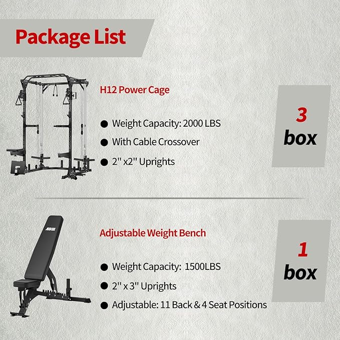 JEEKEE Power Cage with Cable Crossover System, 2000LB Multi-Function Power Rack with Independent Dual Pulleys, LAT Pulldown Seat Cushion, 20+ Attachments Squat Rack for Home Gym Workout