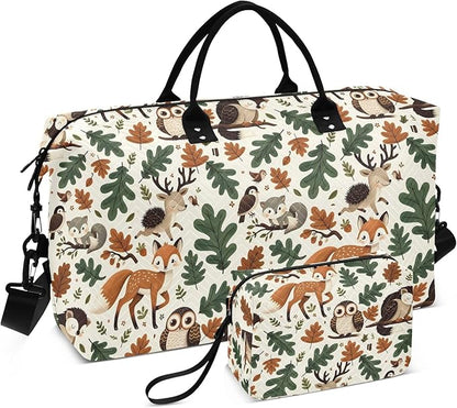 Weekender Bags Travel Duffel Gym Bag Animals Fox Deer Woodland Forest Hedgehog Carry on Overnight Tote Bag with Toiletry Bag for Airplane Travel Trip Gym Yoga