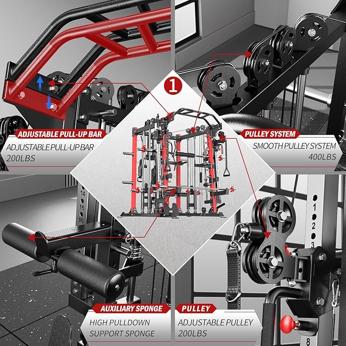 Smith Machine with Cable Crossover System, Multi-Function Squat Rack Power Cage for Home Gym, Power Rack and Packages Weight Sets
