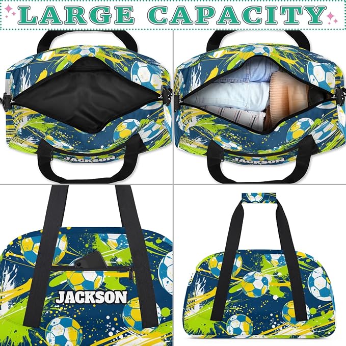 Custom Name Soccer Gym Duffel Bags for Kids Boys, Personalized Sport Travel Bags for Weekender Overnight Training