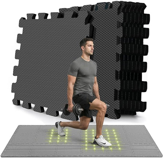 bemaxx Gym Mats Set - 18 pcs EVA Interlocking Foam Floor Tiles (12.6"x12.6"x0.4") 18sqft Protective Gym Flooring Sports Home Workout Exercise Mats Puzzle Garage Fitness Play-Room Pool Treadmill Bike