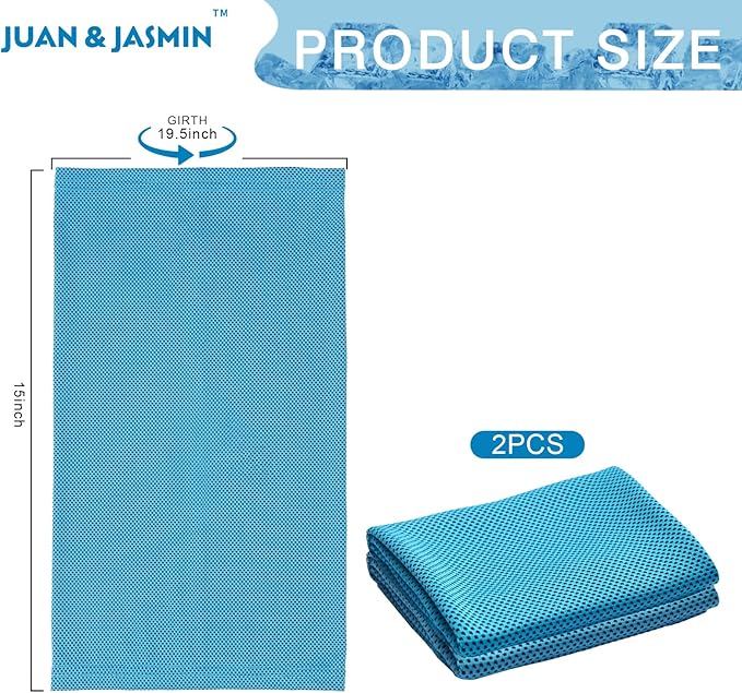 JUAN & JASMIN 2 Pack Cooling Towels (19.5"x15"), Soft Breathable Chilly Towels, Super Absorbent, Ice Wraps, Towels-Ideal for Hiking, Running, Workout, Gym, Dancing, Camping, Fitness (Blue)