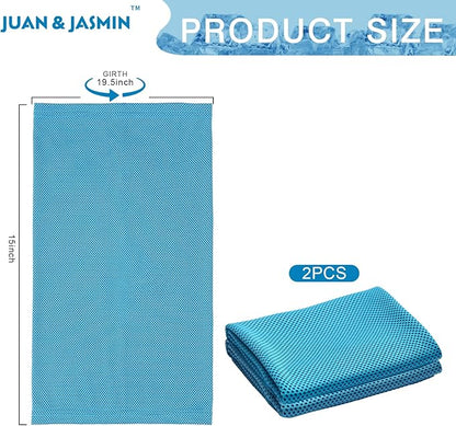 JUAN & JASMIN 2 Pack Cooling Towels (19.5"x15"), Soft Breathable Chilly Towels, Super Absorbent, Ice Wraps, Towels-Ideal for Hiking, Running, Workout, Gym, Dancing, Camping, Fitness (Blue)